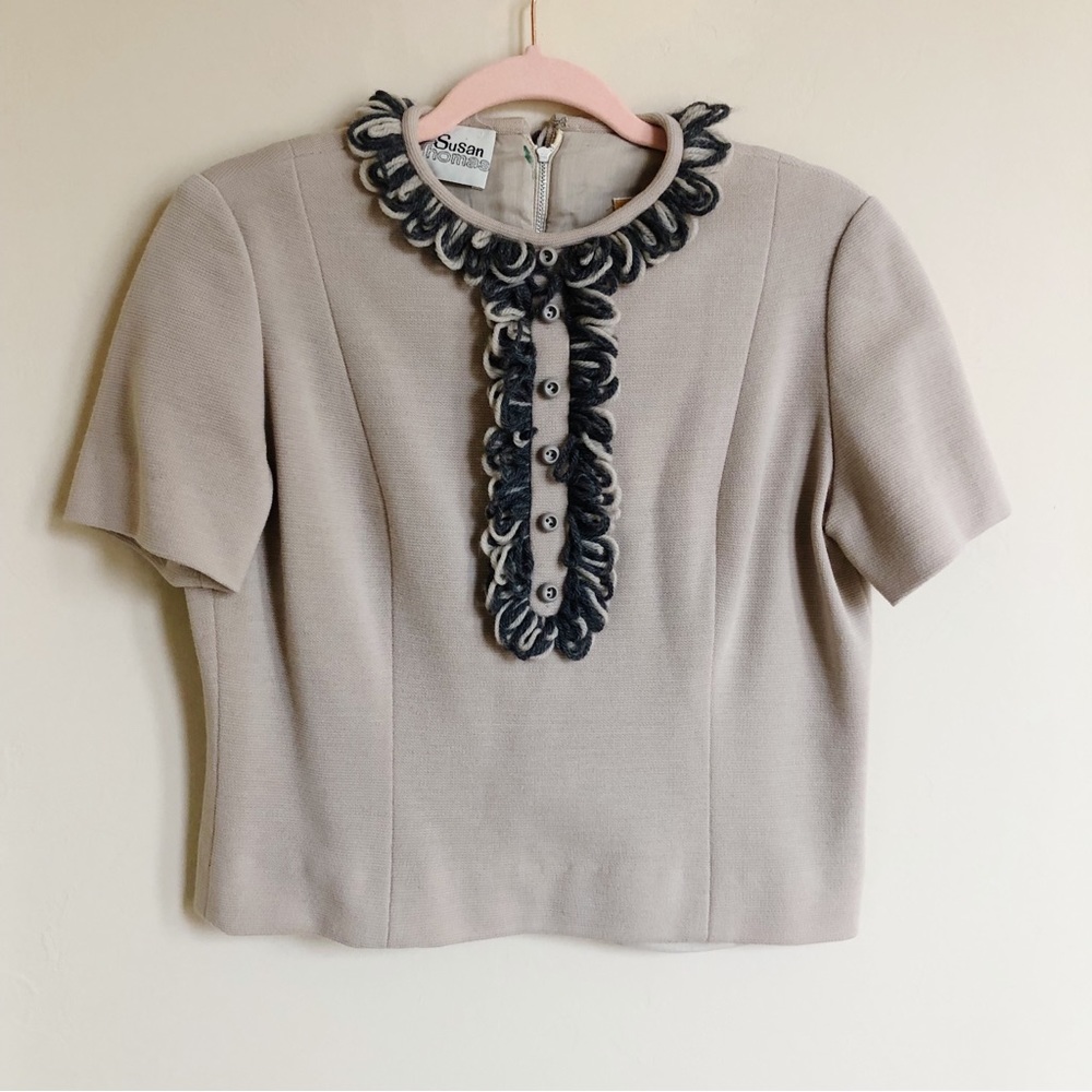 Vintage 50's Susan Thomas 100% Wool Tan Short Sleeve Knit Top Size 12